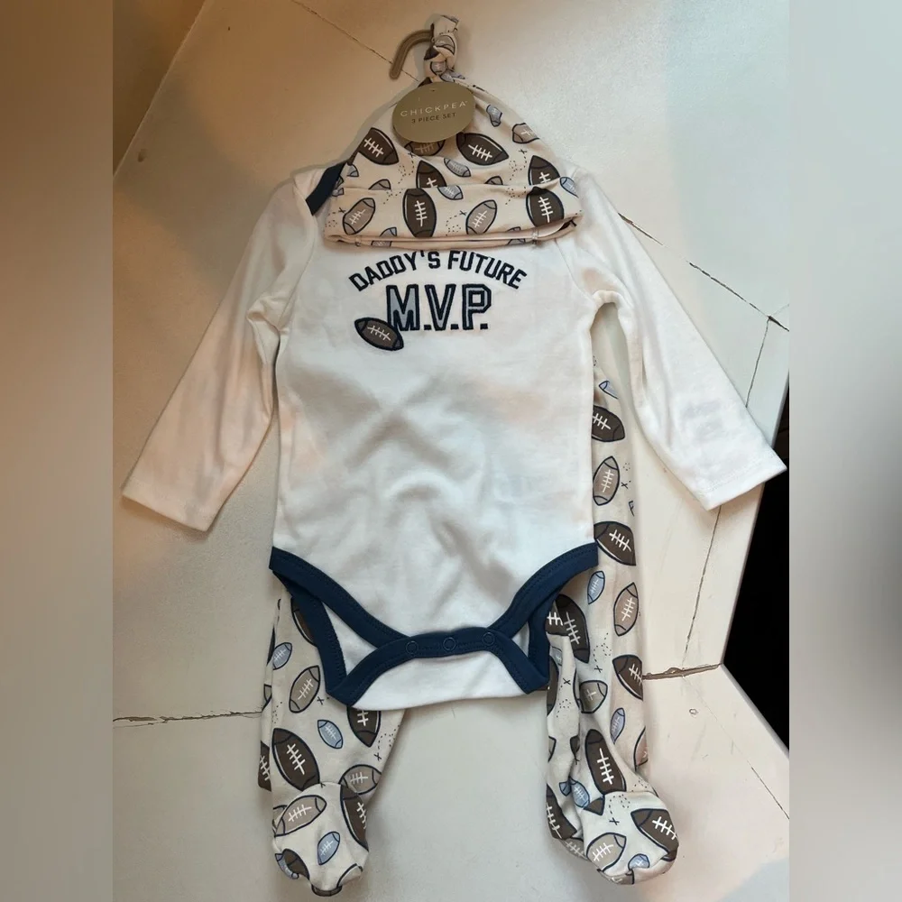 Daddy's Future MVP Football 3 Piece Baby Bodysuit and Pants Set